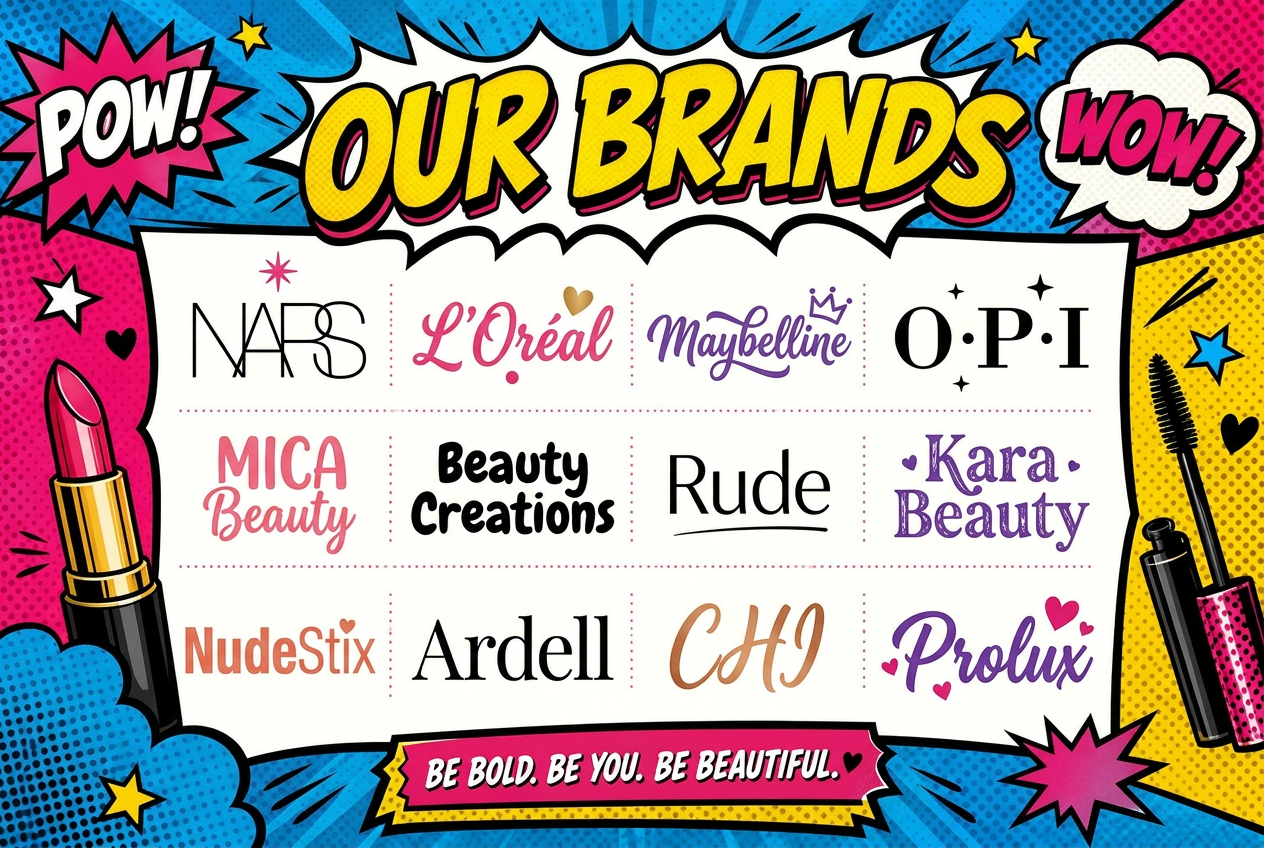 Pop-art poster showing the makeup and beauty brands we carry